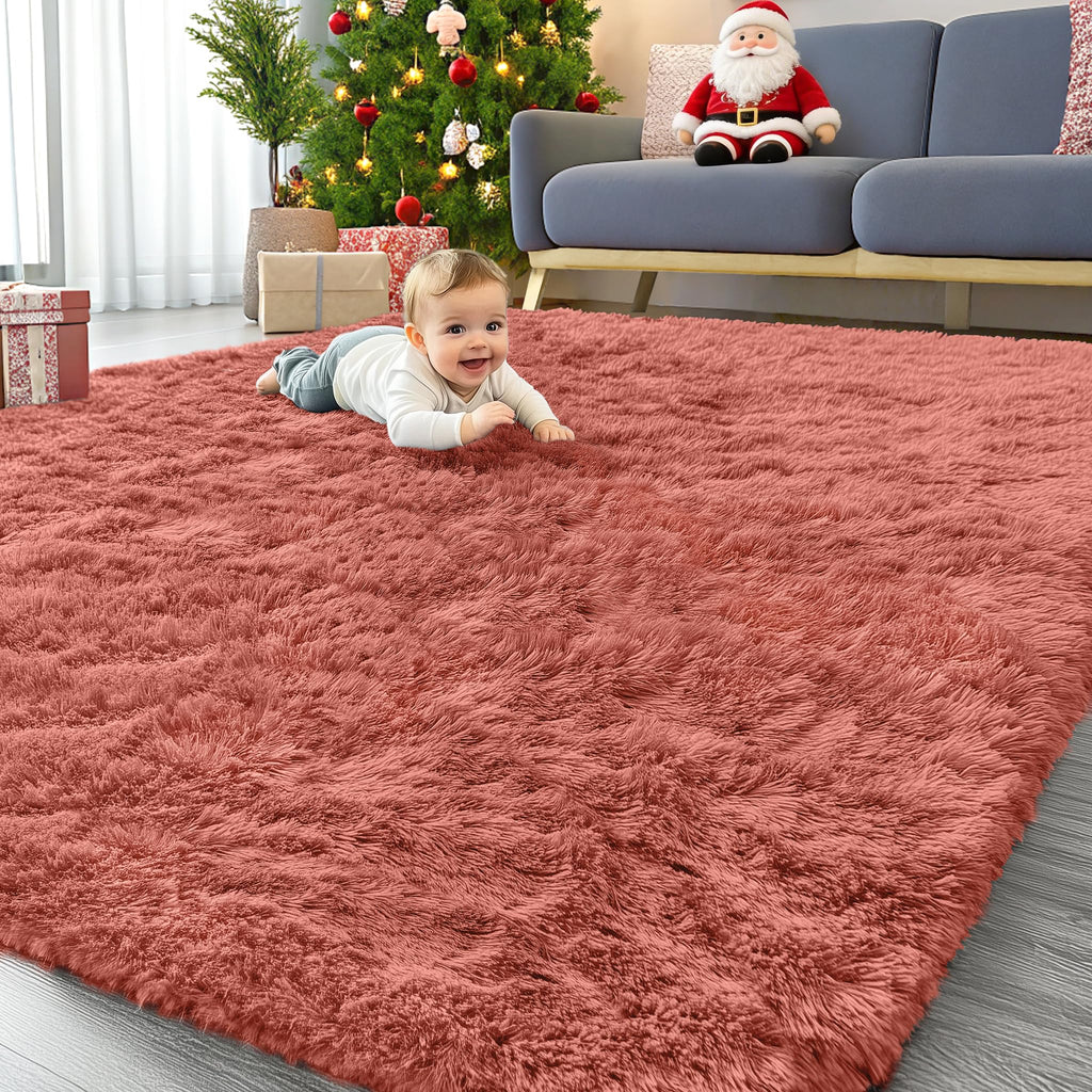 OLANLY 8x10 Machine Washable Large Area Rugs for Living Room, Bedroom, Soft Fluffy Shaggy Bedside Rug, Indoor Floor Carpet for Kids Girls and Boys, Dorms, Nursery, Home Decor Aesthetic, Rust Red