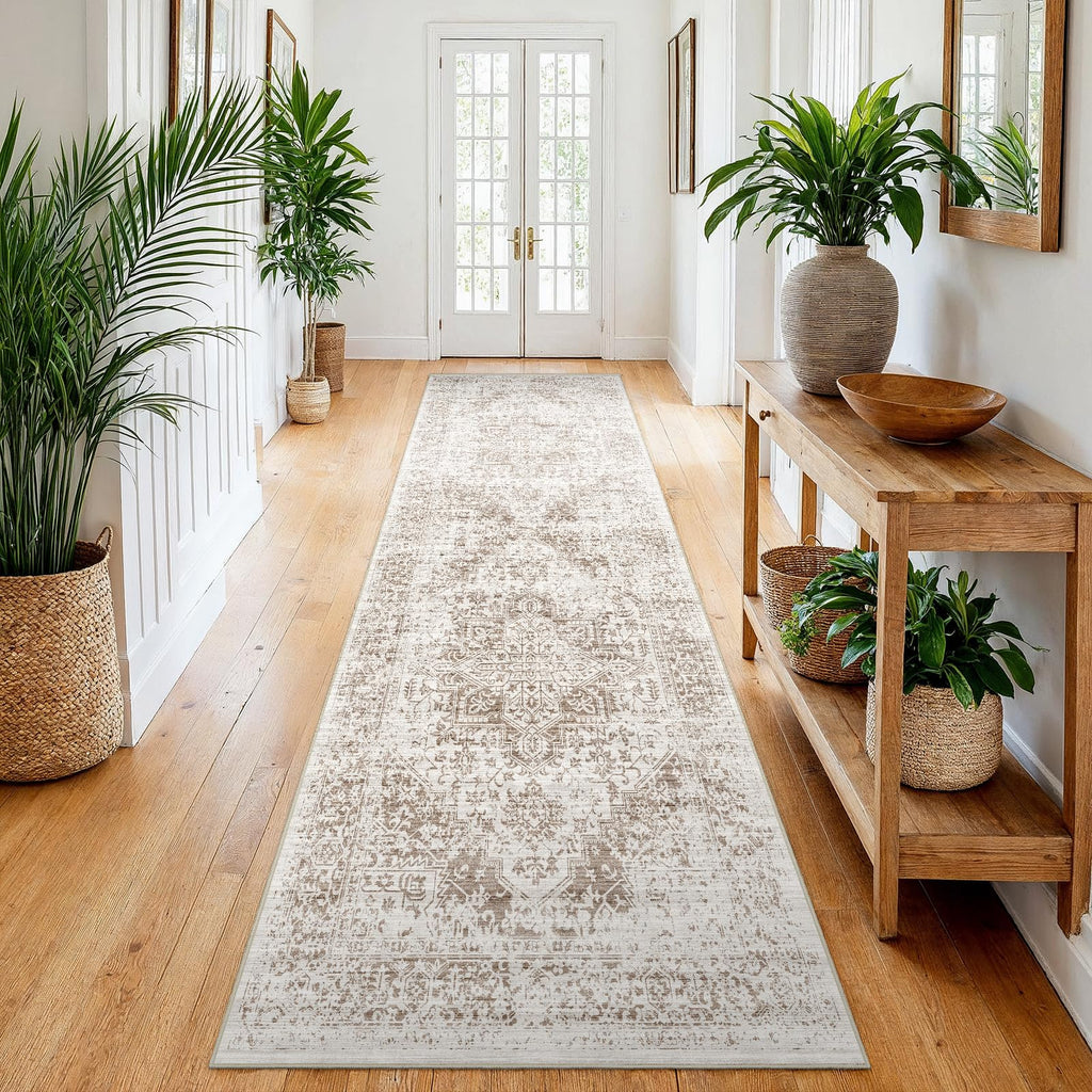 2x8 Washable Runner Rug: Vintage Medallion Kitchen Soft Rugs IvoryBeige