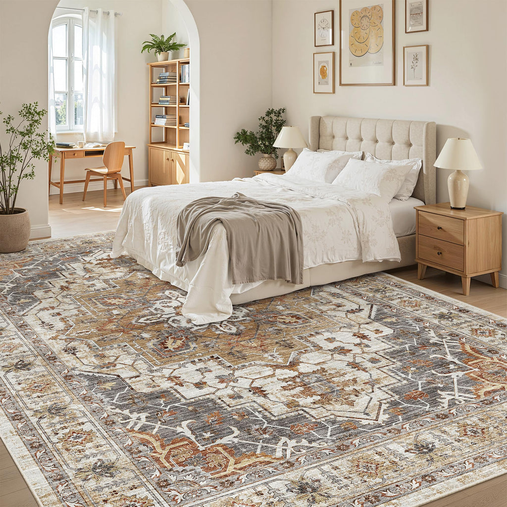Madane 8x10 Area Rugs for Living Room, Non-Slip Washable Rug, Turmeric/Grey