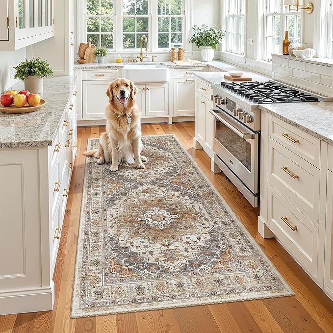 Madane Washable Runner Rug 3x6 Runners for Hallways Non Slip, Turmeric/Grey