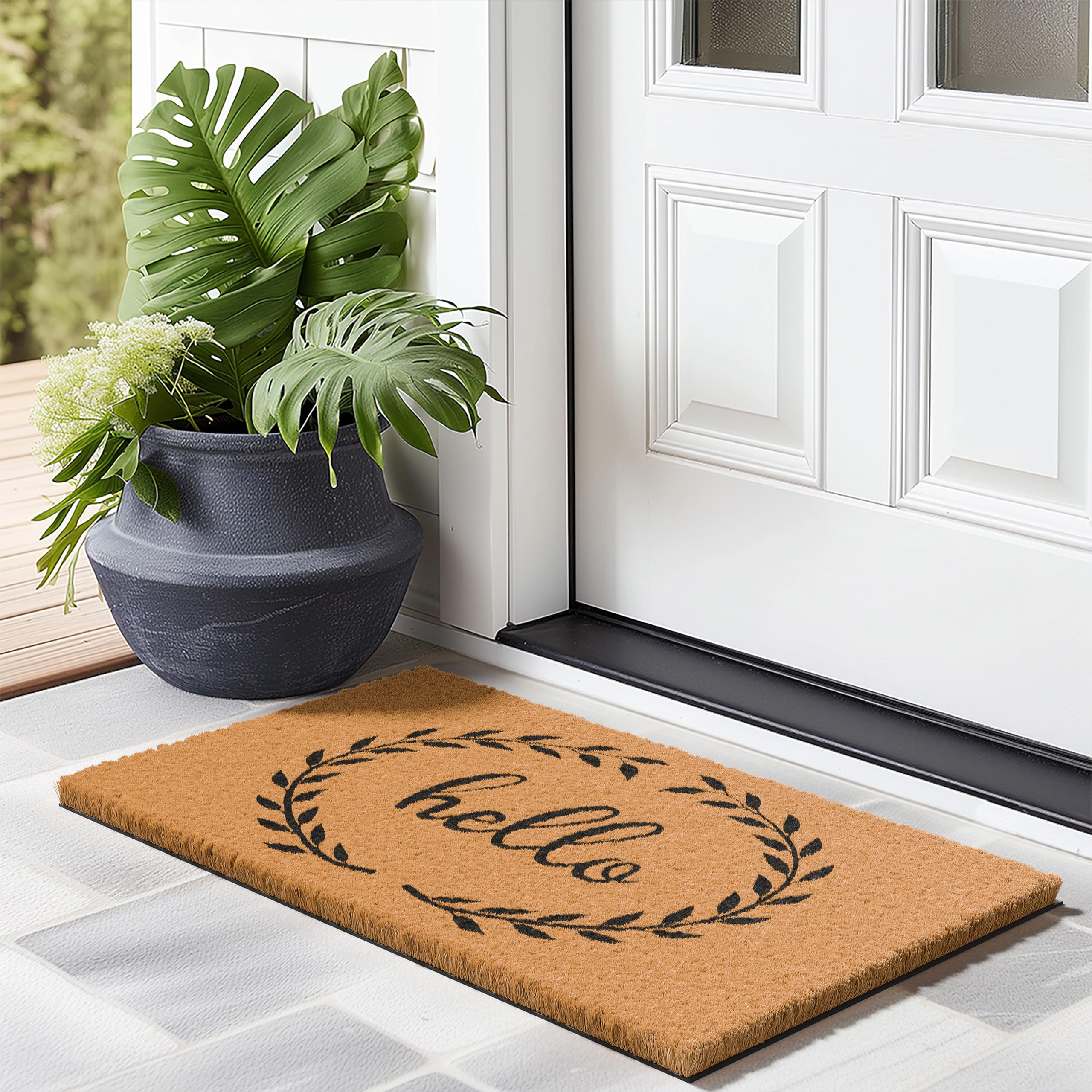 Barnyard Designs Natural Coco Coir Non-Slip Doormat (17x30, Hello Wreath)