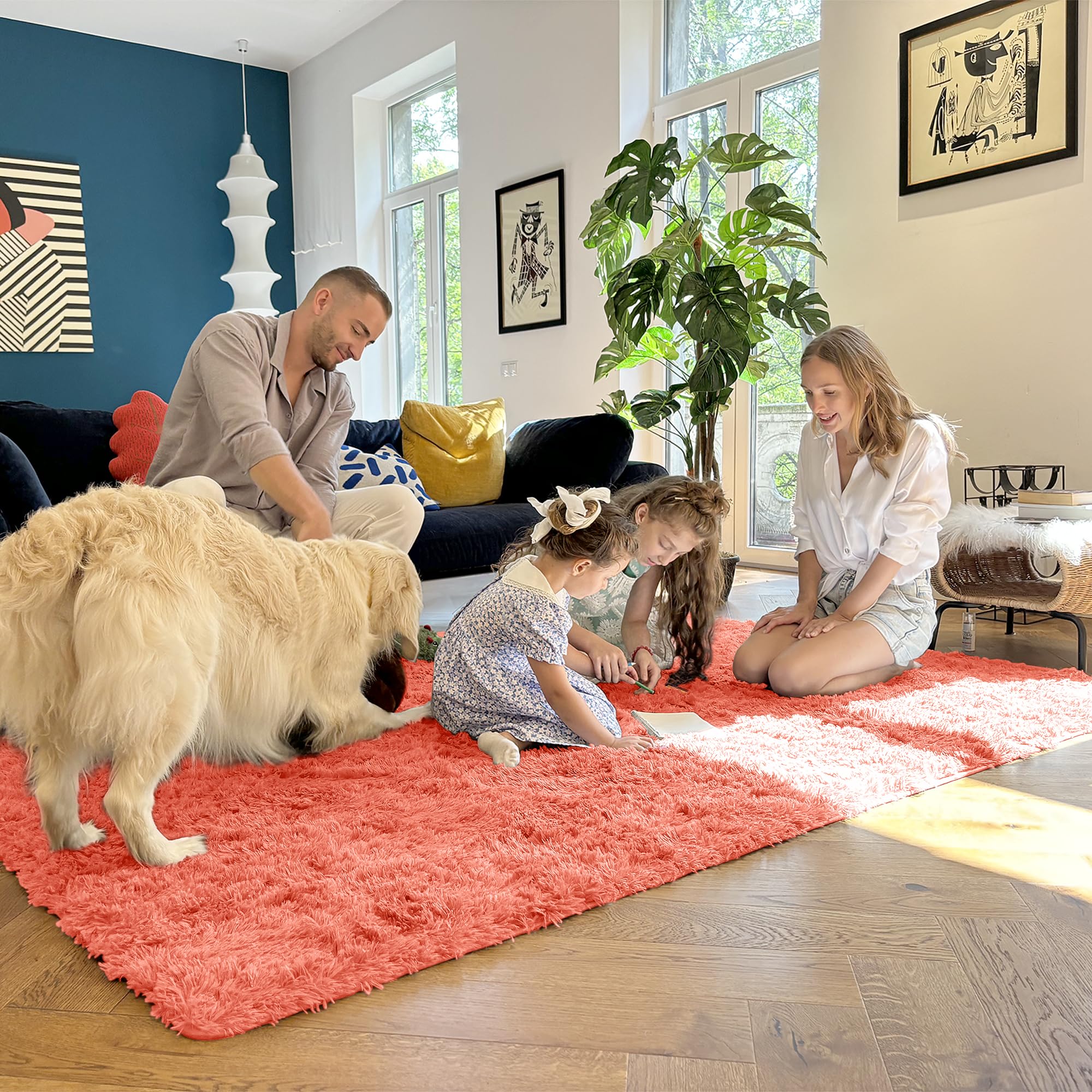 OLANLY 2x6 Machine Washable Runner Rugs for Hallway, Soft Fluffy Shaggy Bedside Rugs for Bedroom, Living Room, Indoor Floor Carpet for Kids Girls and Boys, Home Decor Aesthetic, Coral Red