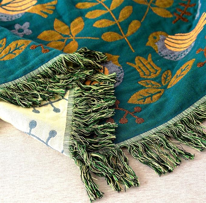 MSGKV Boho Throw Blanket 60"x80" 100% Cotton Bird Quilt for Bed & Couch
