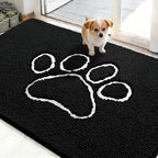 OLANLY Dog Door Mat for Muddy Paws 48x30, Paw Print Design, Absorbs Moisture and Dirt, Absorbent Non-Slip Washable Doormat, Quick Dry Chenille Mud Mat for Dogs, Entry Indoor Entryway Carpet, Black