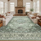 Area Rugs 10'x14' Washable Non-Slip, Floral Vintage Distress Print Pattern Medallion Carpet for Living Room Bedroom Dining Room, Dark Green Gray