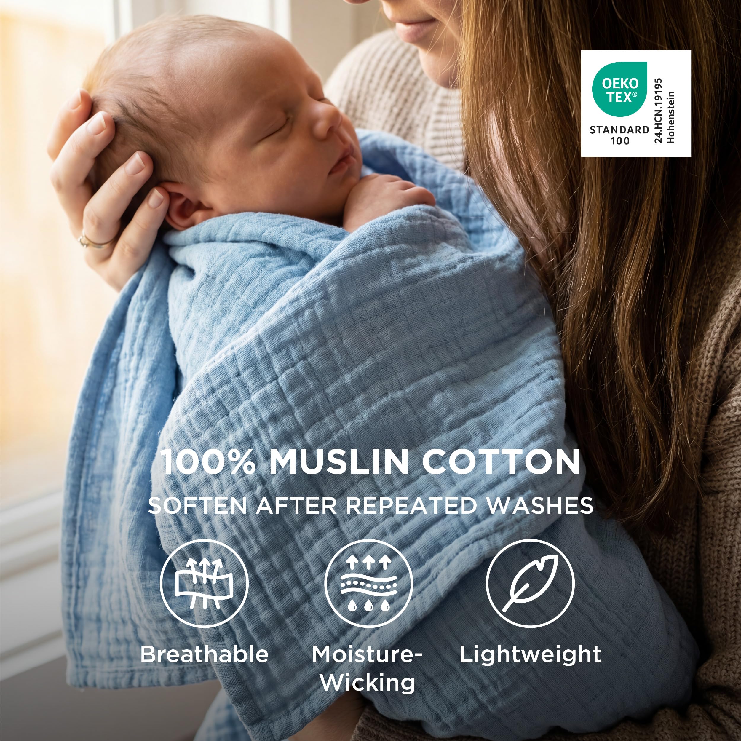Bedsure 100% Cotton Muslin Throw Blanket Twin XL for Bed - 4-Layer Breathable and Lightweight Soft Gauze Muslin Blankets for Adults, PureWoven Thin Summer Blanket for College Dorm, Blue, 66x90 Inches