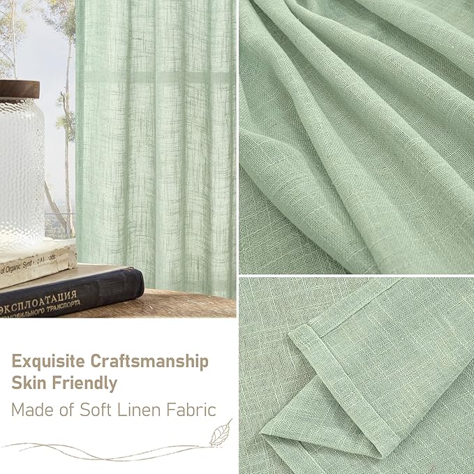 LAMIT Linen Curtains 48 Inch Length Semi Sheer Light Filtering 2 Panels