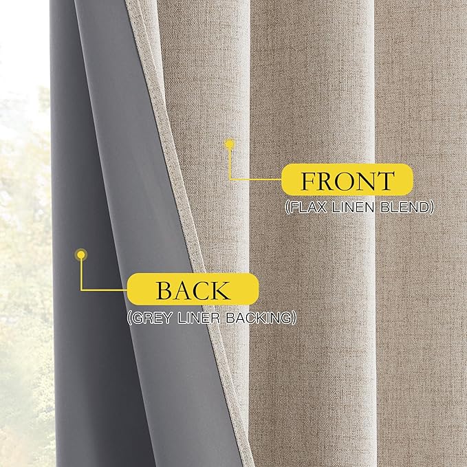 NICETOWN Oatmeal Linen 100% Blackout Curtains 120 inches Length 2 Panels Set with Thermal Insulated Liners, 52" Width, Farmhouse Style Extra Long Window Draperies for Patio Sliding Glass Door
