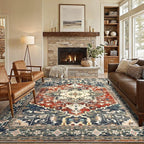 Yamaziot Area Rug 5x7, Non-Slip Washable Boho Vintage Living Room Bedroom Rug with Rubber Backing, Low Pile Faux Wool Soft Distressed Rug Floor Carpet for Living Room, Bedroom, Brick Red