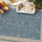 Hazo Haus Blue Big Rugs for Living Room - Dusty Blue 10x14 Area Rug for Large Bedroom, Dining Room, Washable Lightweight Low Pile Foldable Eclectic Modern Floral Home Décor