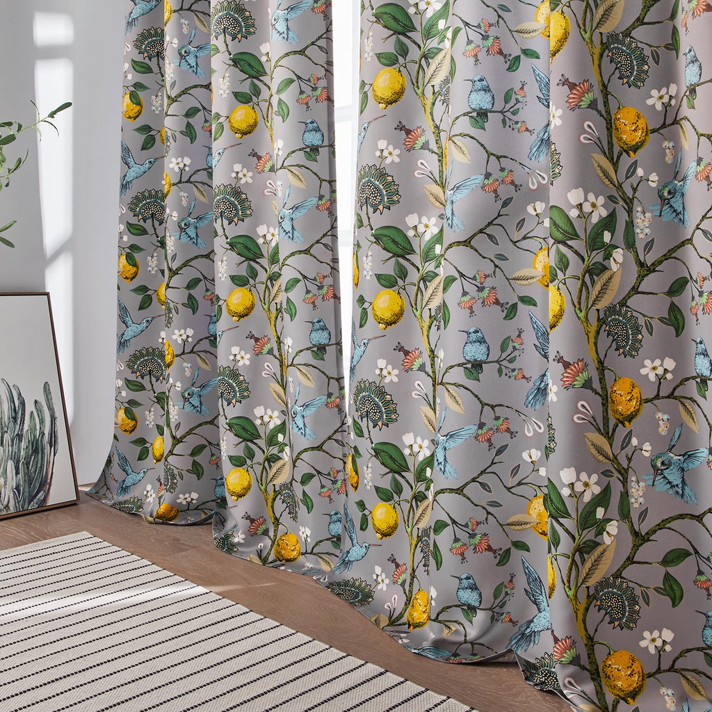 Topfinel Black Dark Floral Grey Blackout Curtains, Gray Decorative French Country Grommet Dark Academia Antique Decor Hummingbird Window Covering for Living Room Bedroom Dining,84 Inch Length