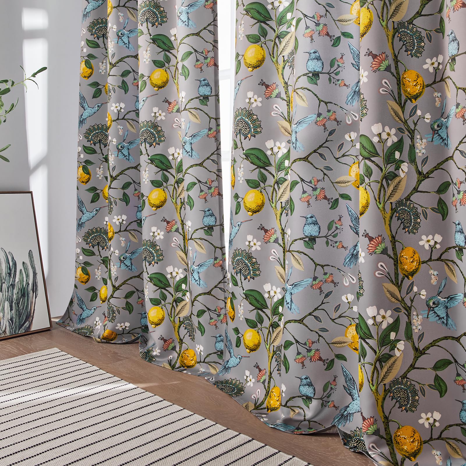 Topfinel Black Dark Floral Grey Blackout Curtains, Gray Decorative French Country Grommet Dark Academia Antique Decor Hummingbird Window Covering for Living Room Bedroom Dining,84 Inch Length