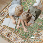 VECARF Area Rug 9x12 Washable Rug, Vintage Boho Medallion Rugs Non-Slip Soft Low Pile Large Distressed Rug Indoor Retro Carpet for Living Room Bedroom Dining Room Home Office (Vintage Green, 9'x12')