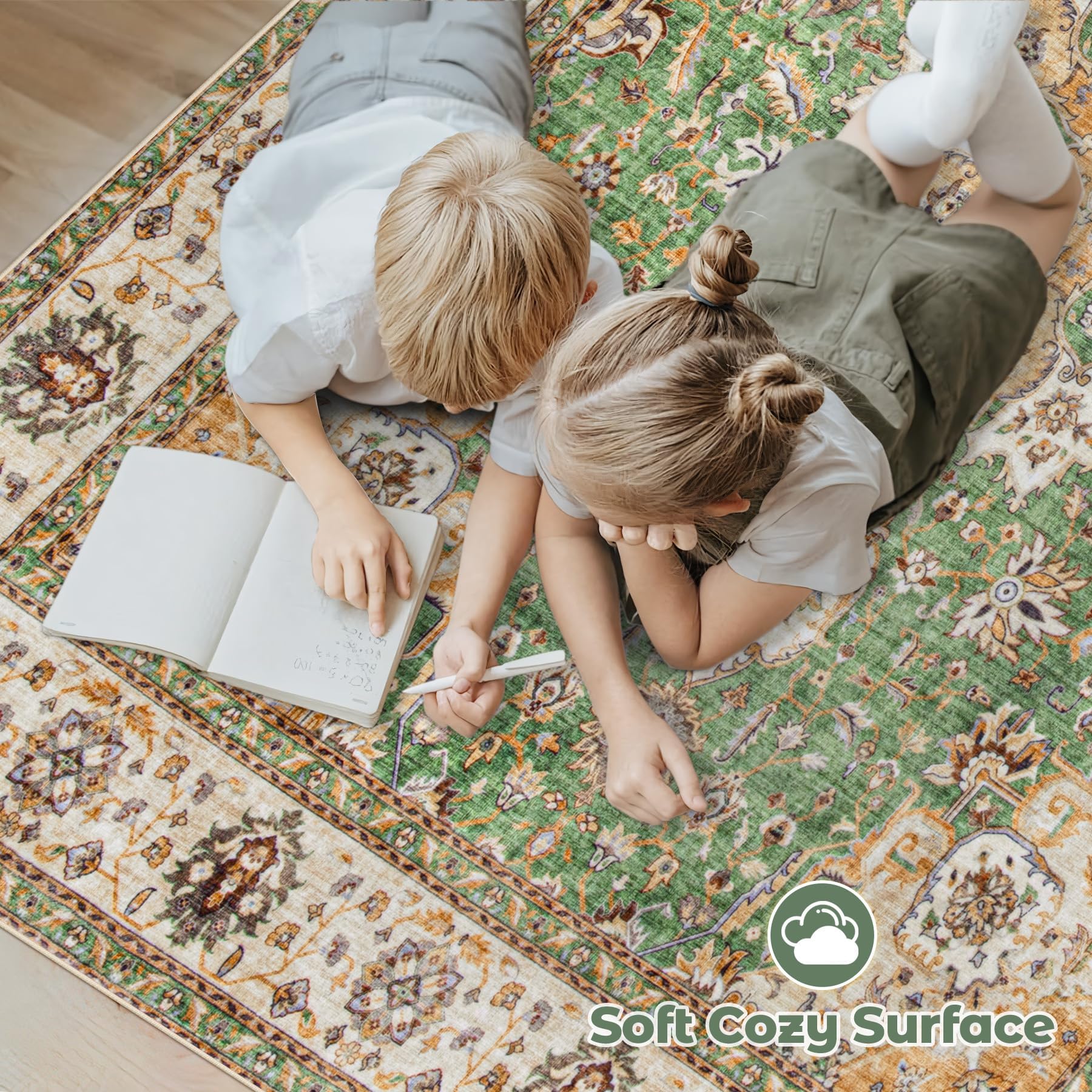 VECARF Area Rug 9x12 Washable Rug, Vintage Boho Medallion Rugs Non-Slip Soft Low Pile Large Distressed Rug Indoor Retro Carpet for Living Room Bedroom Dining Room Home Office (Vintage Green, 9'x12')