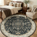 RELEANY Area Rugs Round 6ft Washable Non-Slip, Floral Vintage Distress Print Pattern Medallion Carpet for Living Room Bedroom Dining Room, Vintage Black Brown Neutral