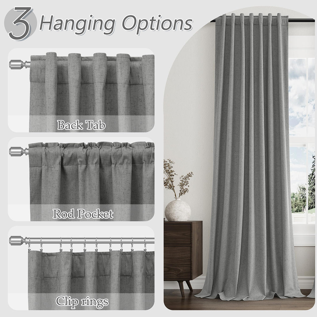 Guken 100% Blackout Linen Curtains 72 Inch Length 2 Panels Set for Living Room Bedroom Back Tab Thermal Insulated Black Out Linen Drapes Room Darkening Window Curtains,Dark Grey