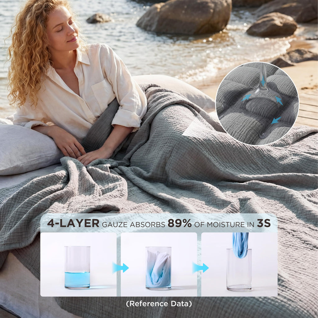 Bedsure 100% Cotton Muslin Blanket Queen Size for Bed - 4-Layer Breathable and Lightweight Thin Soft Summer Gauze Muslin Blankets for Adults, Grey, 90x90 Inches