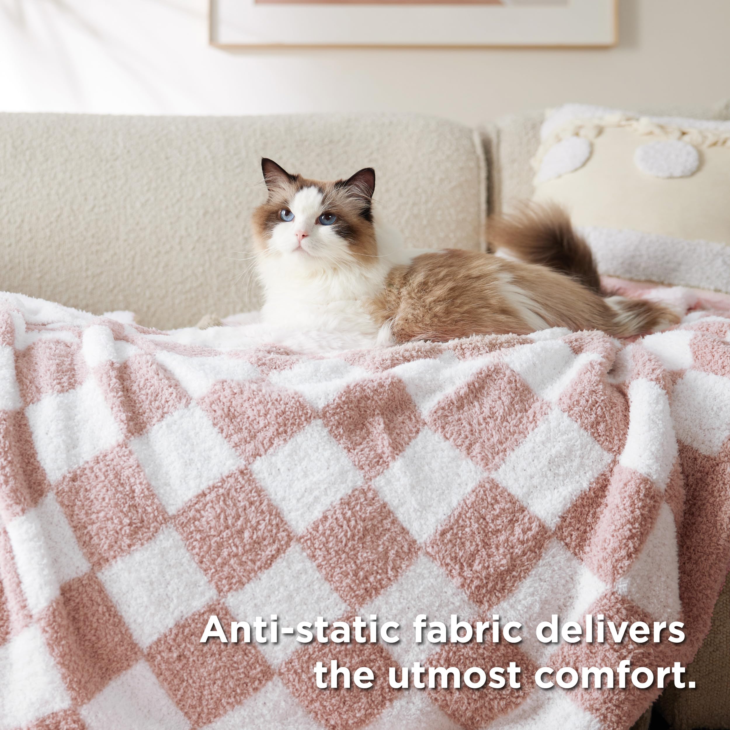 Bedsure GentleSoft Pink Checkered Throw Blanket for Couch - Soft Cozy Fluffy Blanket, Lightweight Warm Knit All Season Plaid Blankets for Bed Sofa, Birthday, for Women, 50x60 Inches
