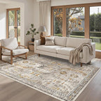 Madane Area Rug 4x6 Washable Rugs: Vintage Living Room Rug Soft Low Pile Non Slip Area Rugs Distressed Indoor Floor Carpet for Bedroom Kitchen Dining Room Home Decor, Brown/Gold