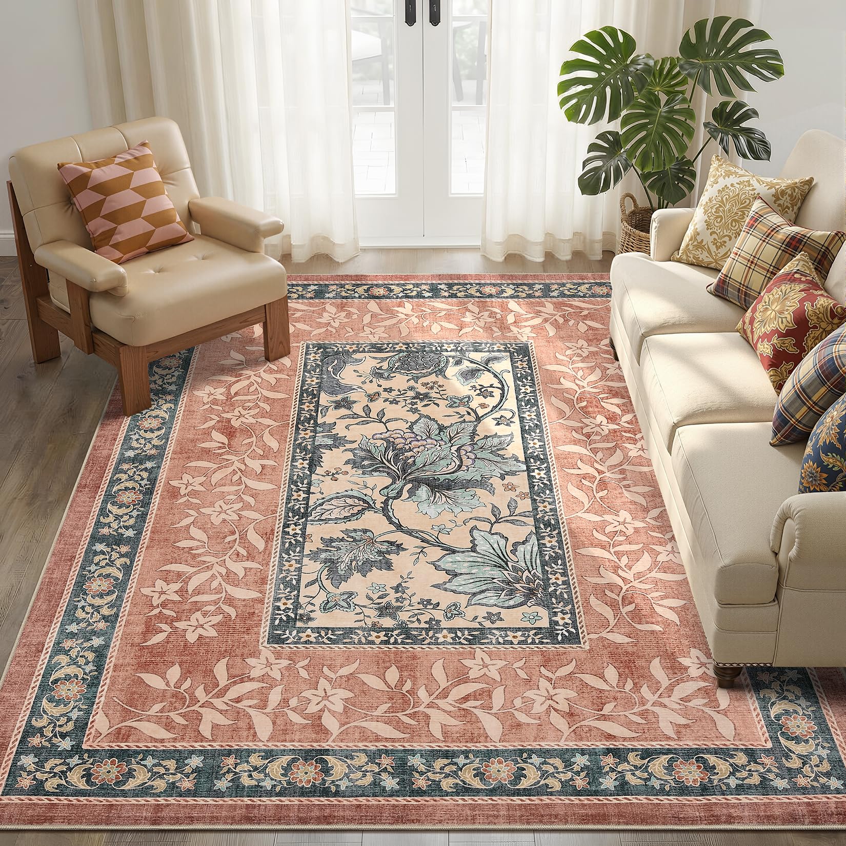GarveeHome Terracotta Teal Washable 6x9 Area Rugs, Botanical Grove Vintage Cottagecore Non-Slip Rug for Living Room Bedroom Nursery Kitchen Low-Pile Retro Large Carpet
