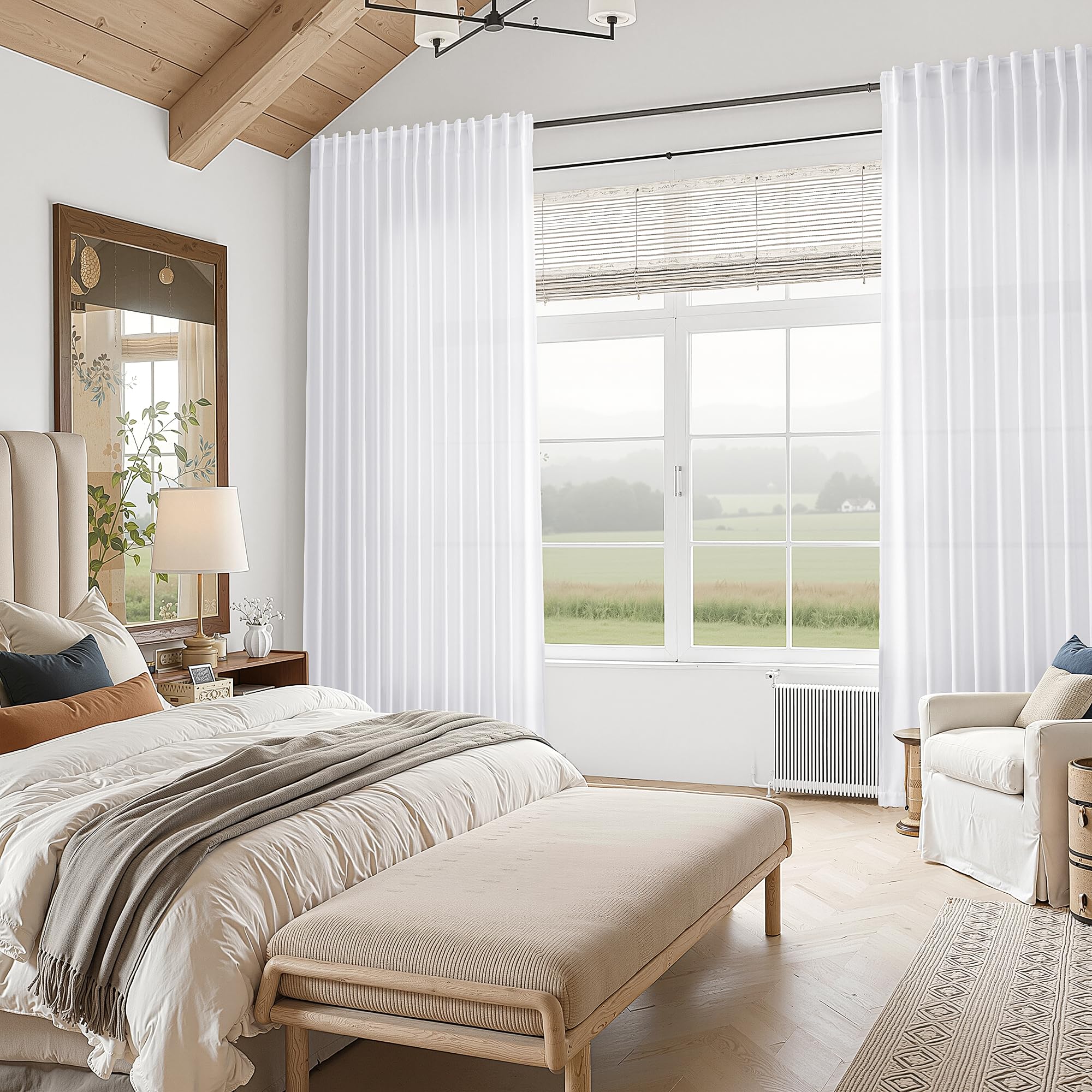 Snow White Linen Curtains 72 Inches Long for Living Room Light Filtering Semi Sheer Curtain Back Tab Luxury Neutral Coastal Modern Farmhouse Decor Drapes for Bedroom Dinner Room 52x72, 2 Panels