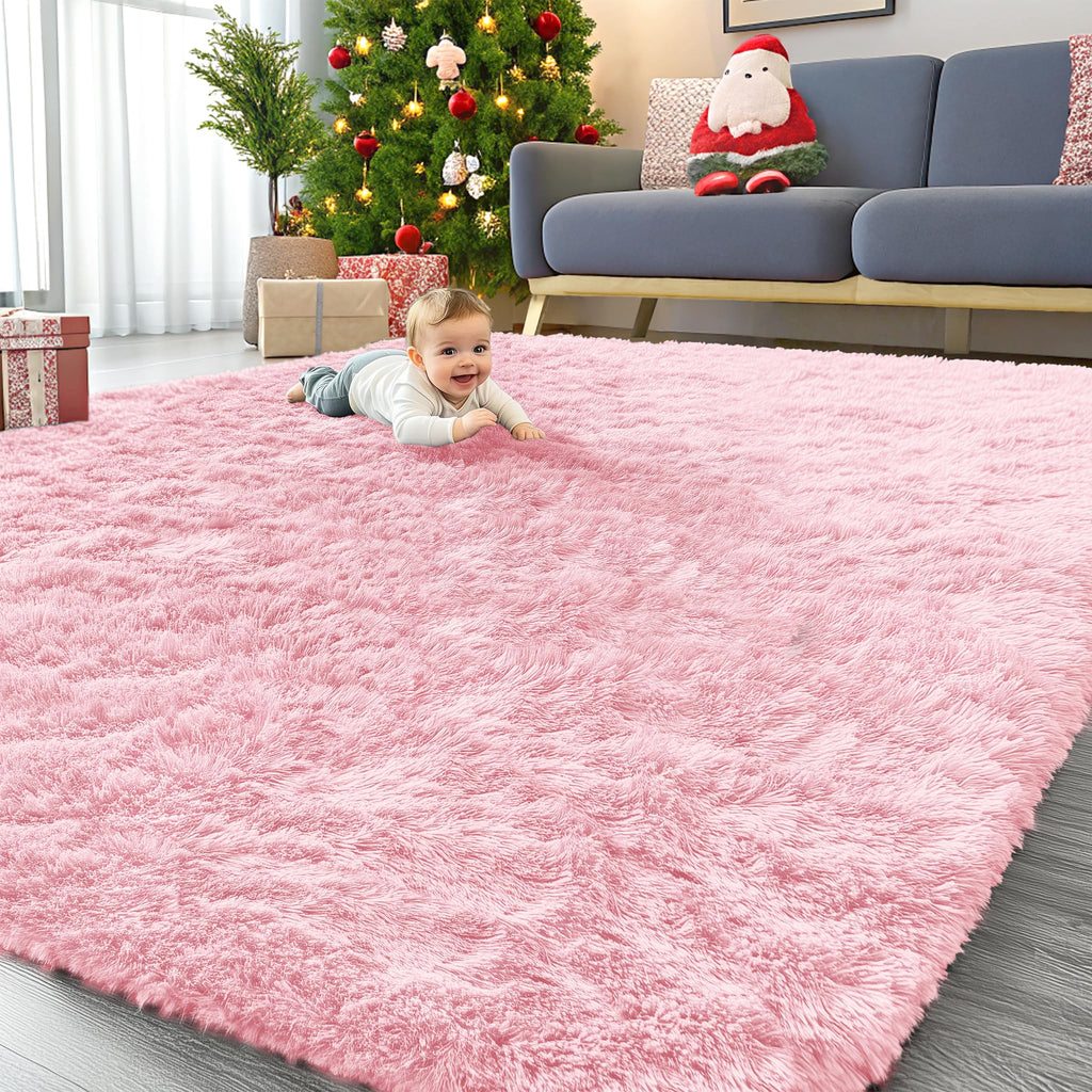 OLANLY 9x12 Machine Washable Large Area Rugs for Living Room, Bedroom, Soft Fluffy Shaggy Bedside Rug, Indoor Floor Carpet for Kids Girls and Boys, Dorms, Nursery, Home Decor Aesthetic, Pink