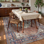 Washable Area Rug 3' x 5 ' Vintage Traditional Persian Mat - Foldable Distressed Non-Slip Machine Washable Carpet for Living Room Bedroom Kitchen Home Decor - Terracotta and Navy