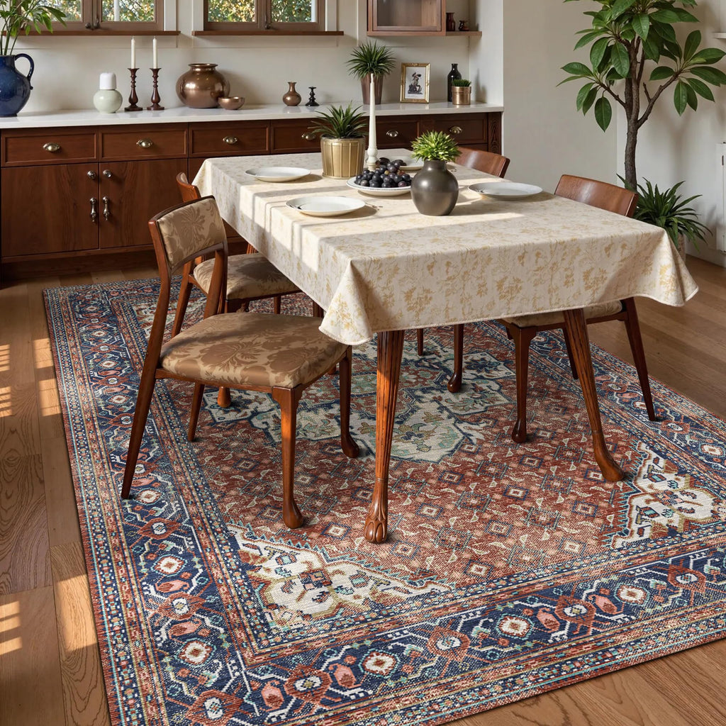 Washable Area Rug 8' x 10' Vintage Traditional Persian Mat - Foldable Distressed Non-Slip Machine Washable Carpet for Living Room Bedroom Kitchen Home Decor - Terracotta and Navy