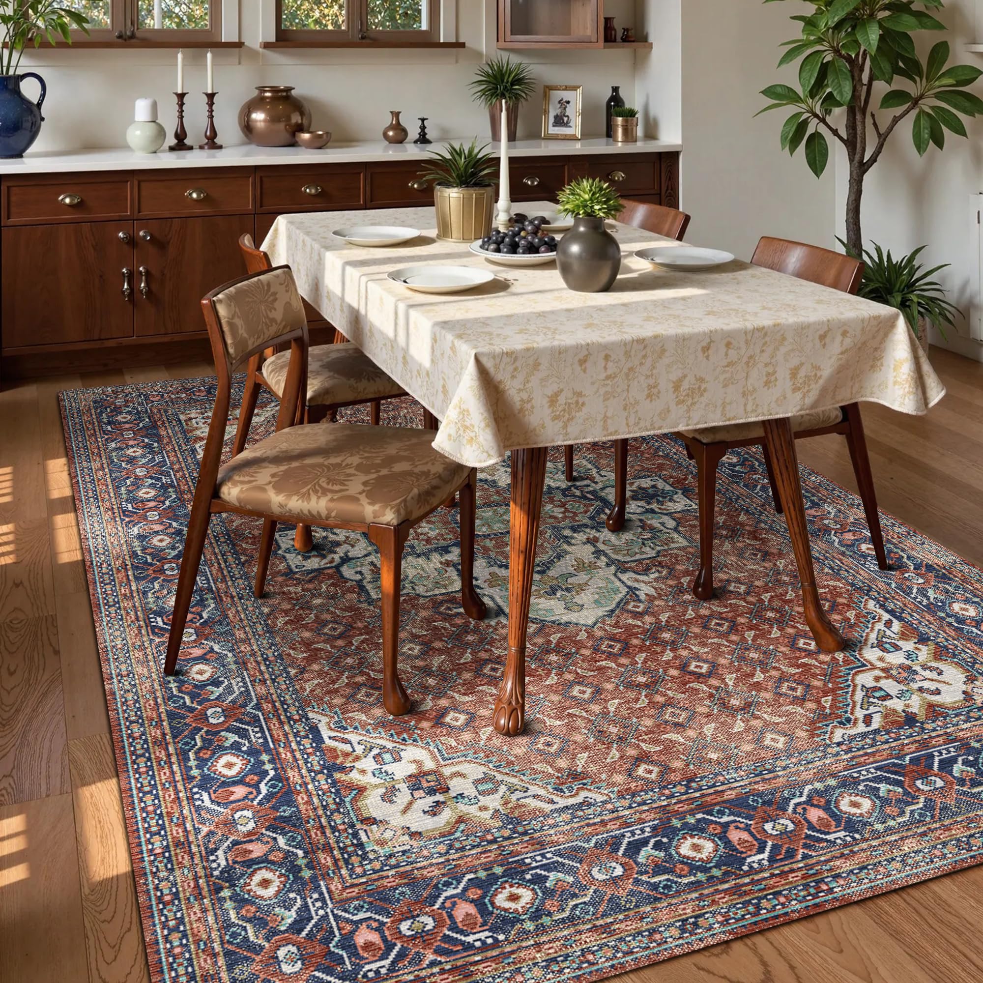 Washable Area Rug 8' x 10' Vintage Traditional Persian Mat - Foldable Distressed Non-Slip Machine Washable Carpet for Living Room Bedroom Kitchen Home Decor - Terracotta and Navy