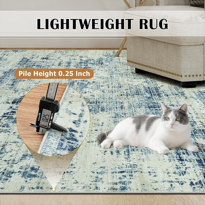 6x9 Area Rugs for Living Room Washable Rug: Anti-Skid Abstract Modern Living Room Rug Soft Thin Carpets Indoor Floor Non-Shedding Carpet for Bedroom Dining Farmhouse Nursery Blue Gray Gold