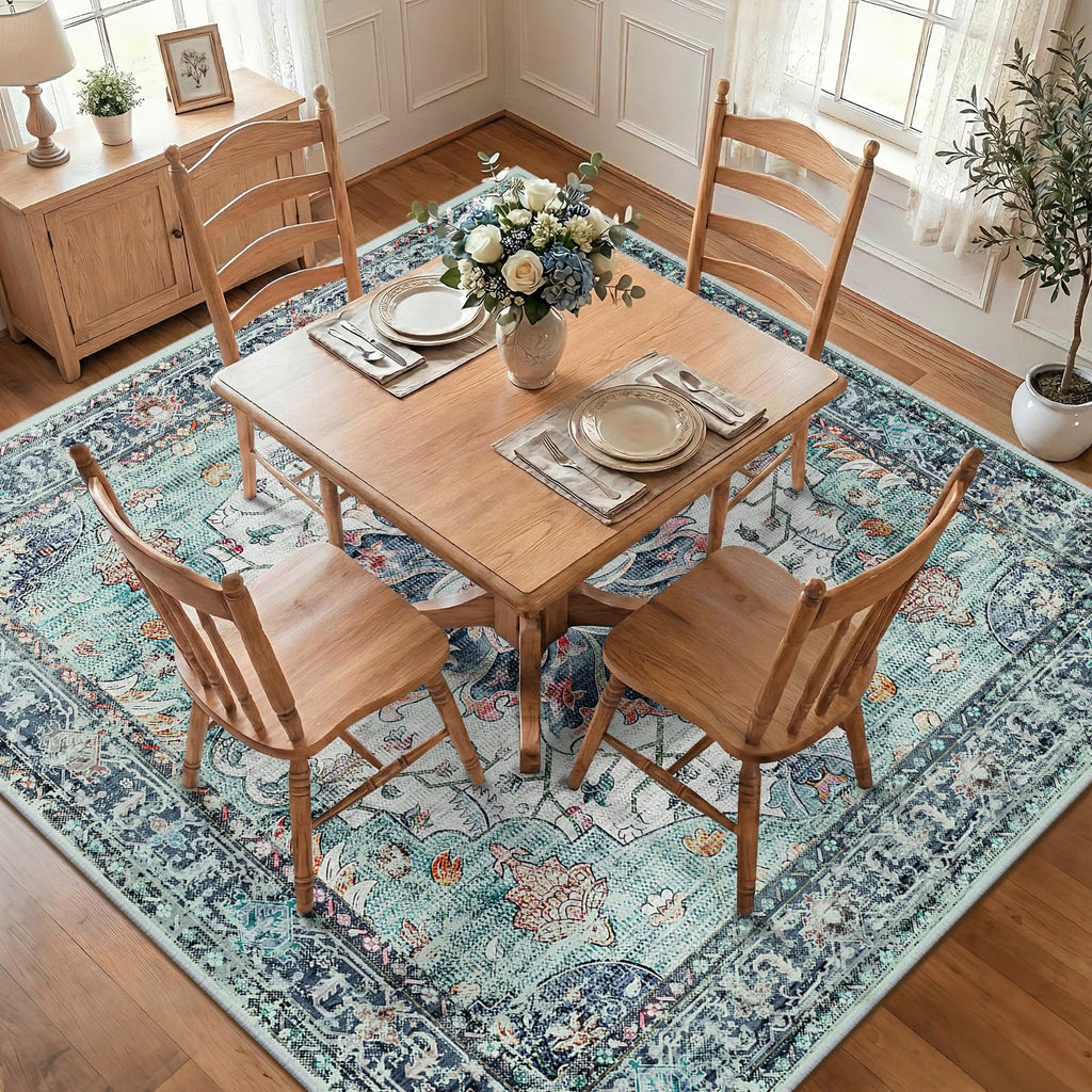 RELEANY Washable Area Rug, Square 8'x8', Teal Green/White/Navy