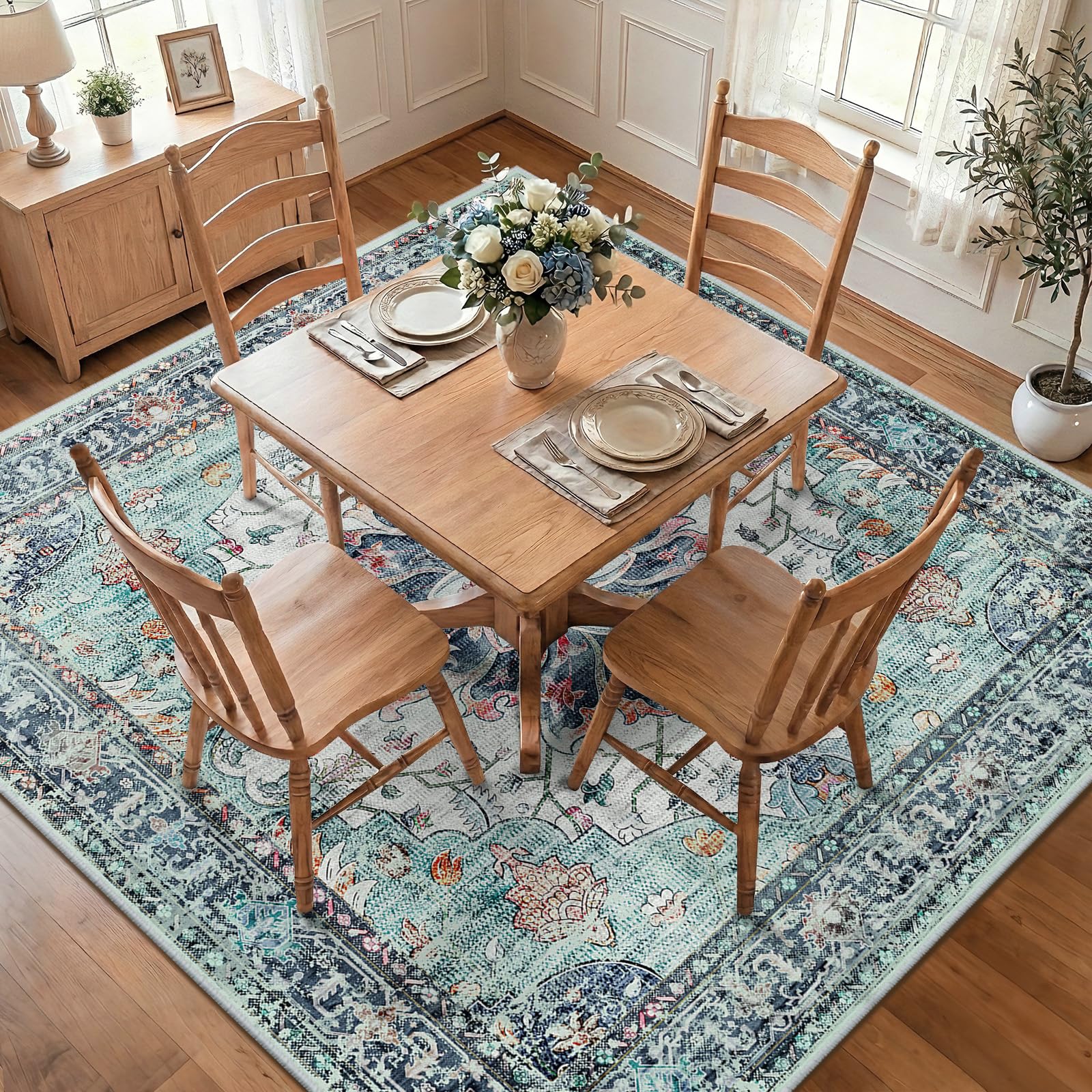 RELEANY Washable Area Rug, Square 8'x8', Teal Green/White/Navy
