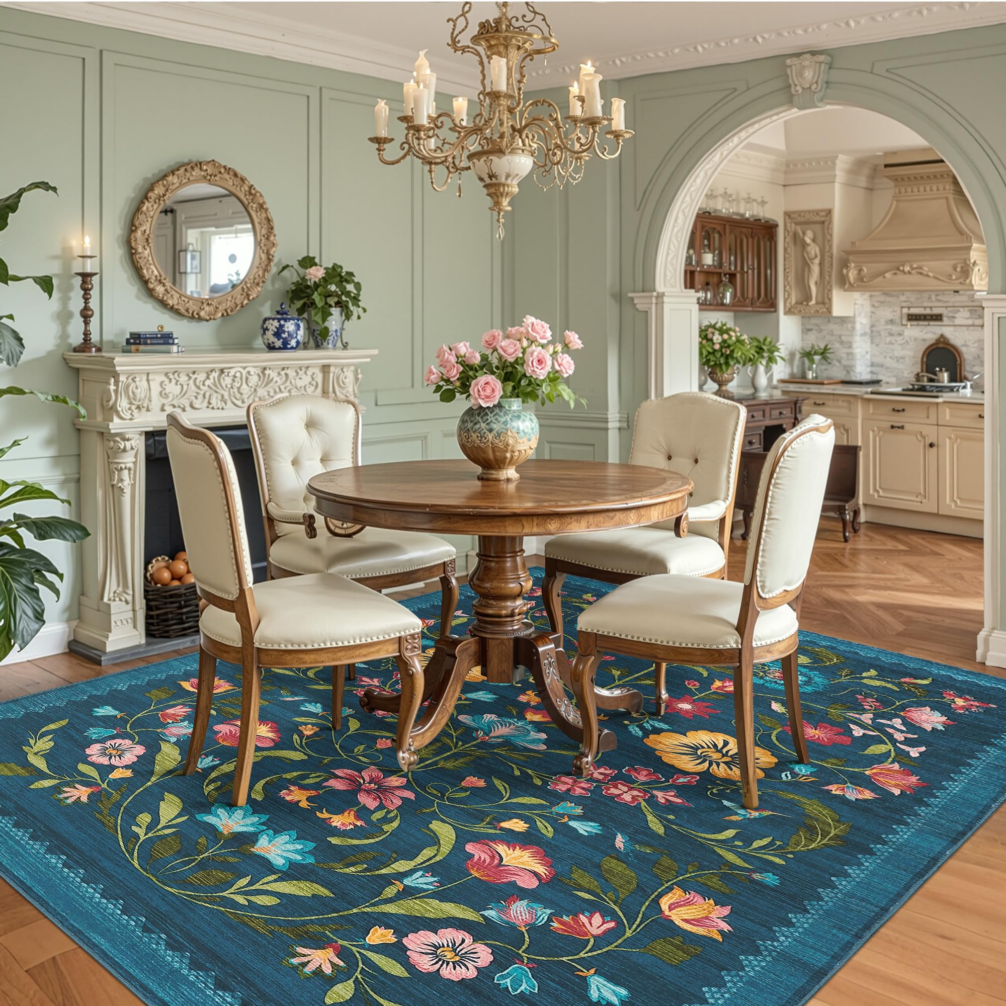 GarveeHome Washable Rug 8x10 Area Rugs for Living Room, Floral Rug for Bedroom, Soft Vintage Non Slip Throw Rugs with Rubber Back, Low Pile Stain Resistant Boho Floral Carpet for Dining Room, Blue