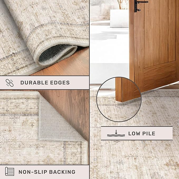 Washable Ivory 6x9 Living Room Rug, Non Slip Dinning Rugs for Under Table, Low Pile Neutral Farmhouse Retro Foldable Carpet for Bedroom, Office