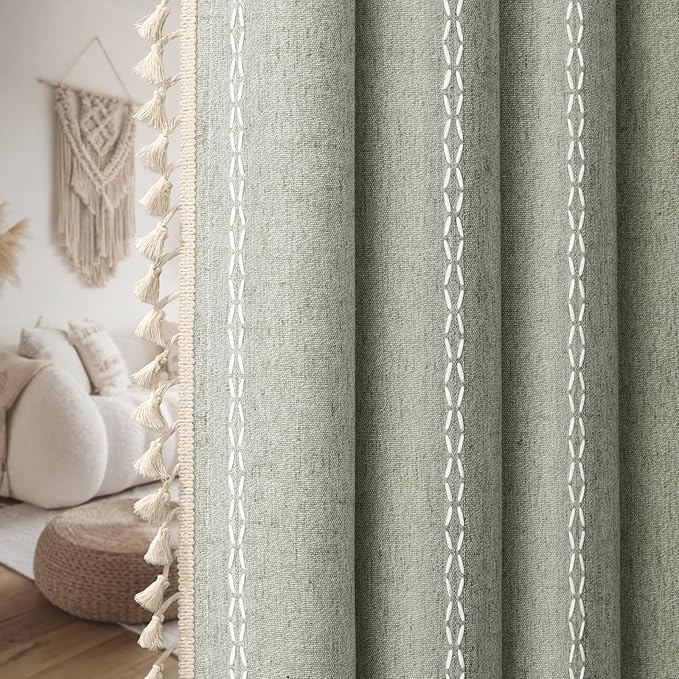 Boho Blackout Curtains 90 Inches Long Sage Green Linen Blend 2 Panels with Tassels and Cotton Embroidery, Farmhouse Vintage Rustic Rod Pocket Drapes for Living Room or Bedroom