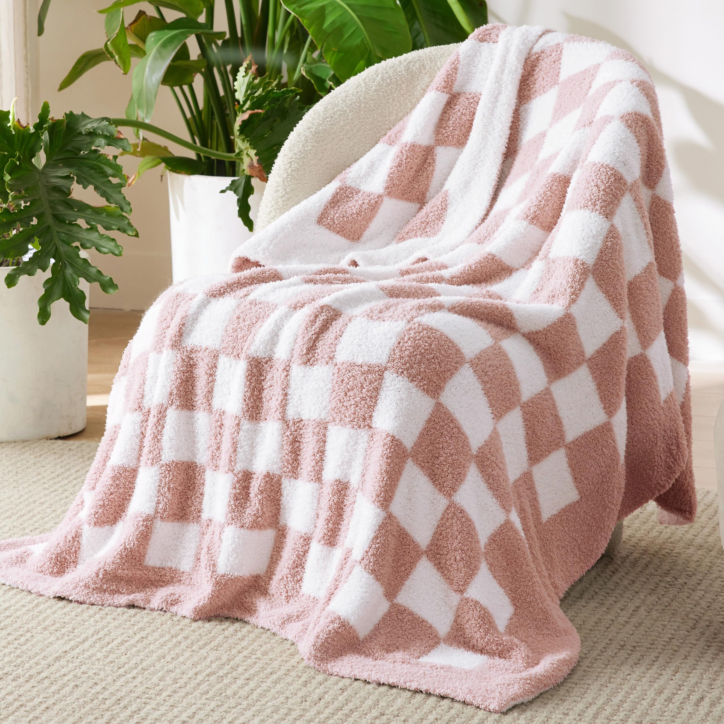 Bedsure GentleSoft Pink Checkered Throw Blanket for Couch - Soft Cozy Fluffy Blanket, Lightweight Warm Knit All Season Plaid Blankets for Bed Sofa, Birthday, for Women, 50x60 Inches