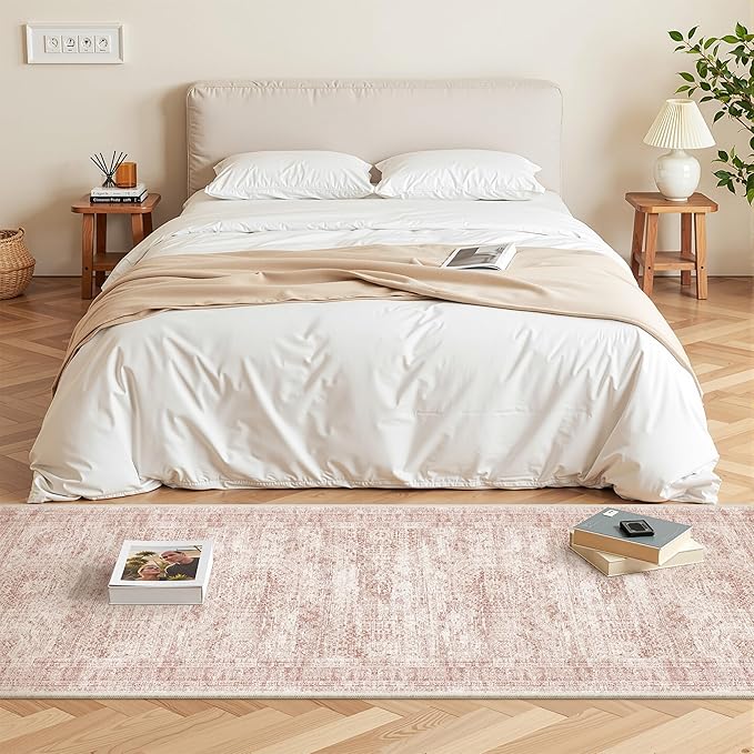 Washable Runner Rugs for Bedroom - 2x6 Runner Rug Non Slip, Ultra-Thin Entryway Runner, Soft Abstract Kitchen Runner for Hallway, Laundry, Bathroom, Indoor Door Mat(2'x6', Pink/Ivory)