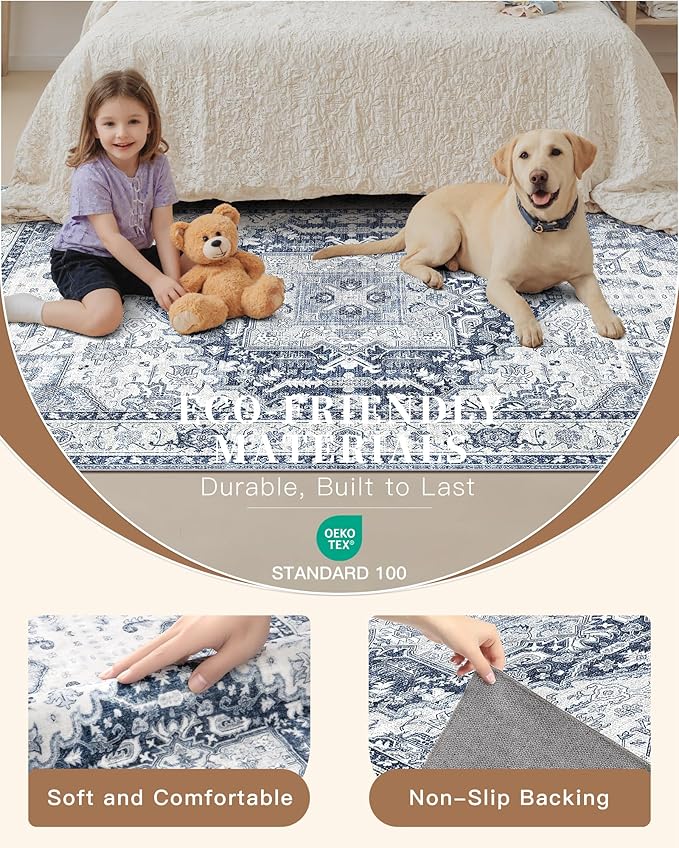 Madane Hallway Washable Runner Rug - 2x10 Kitchen Rugs Entryway Rug Runner Vintage Soft Floor Mat Non Slip Indoor Farmhouse Carpet for Bathroom Living Room Bedroom (2 X 10, Navy/White)