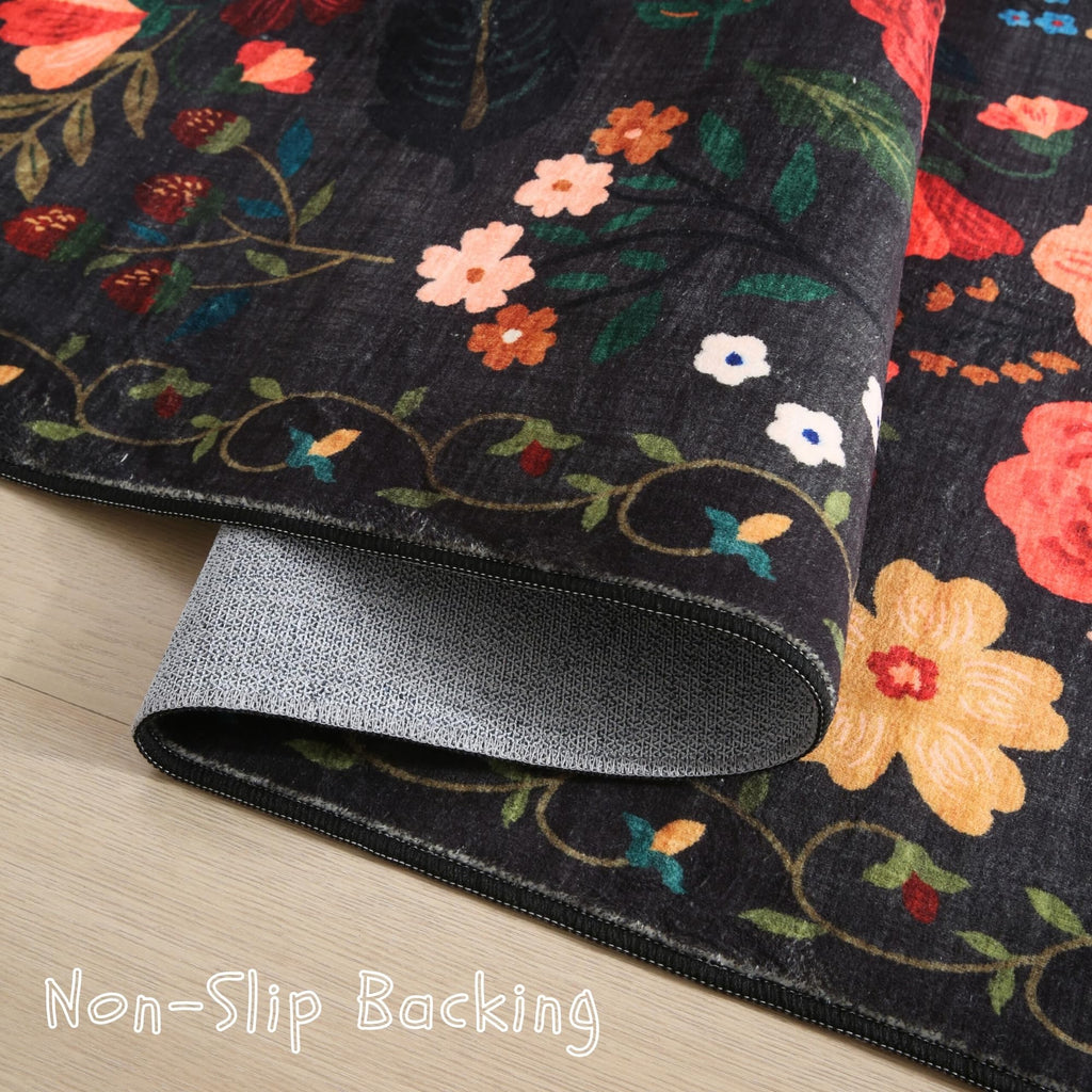 Rugcomf Area Rugs 9x12 Living Room Clearance Washable Boho Rug Non Slip Floral Vintage Low Pile Large Rug for Living Room, Bedroom, Farmhouse, Dining Room, Kids Playroom(Black)
