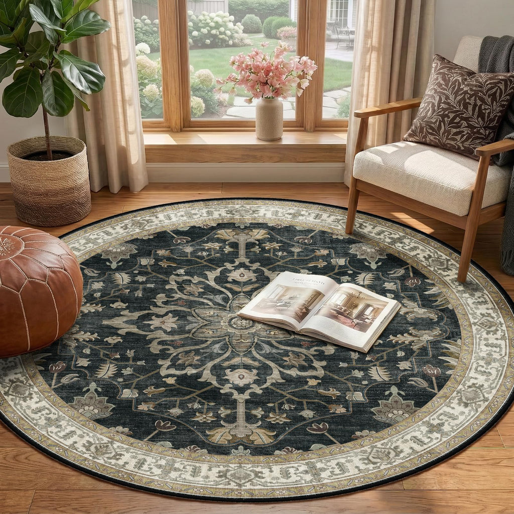 RELEANY Washable Area Rug, Round 4ft, Black/Vintage/Beige
