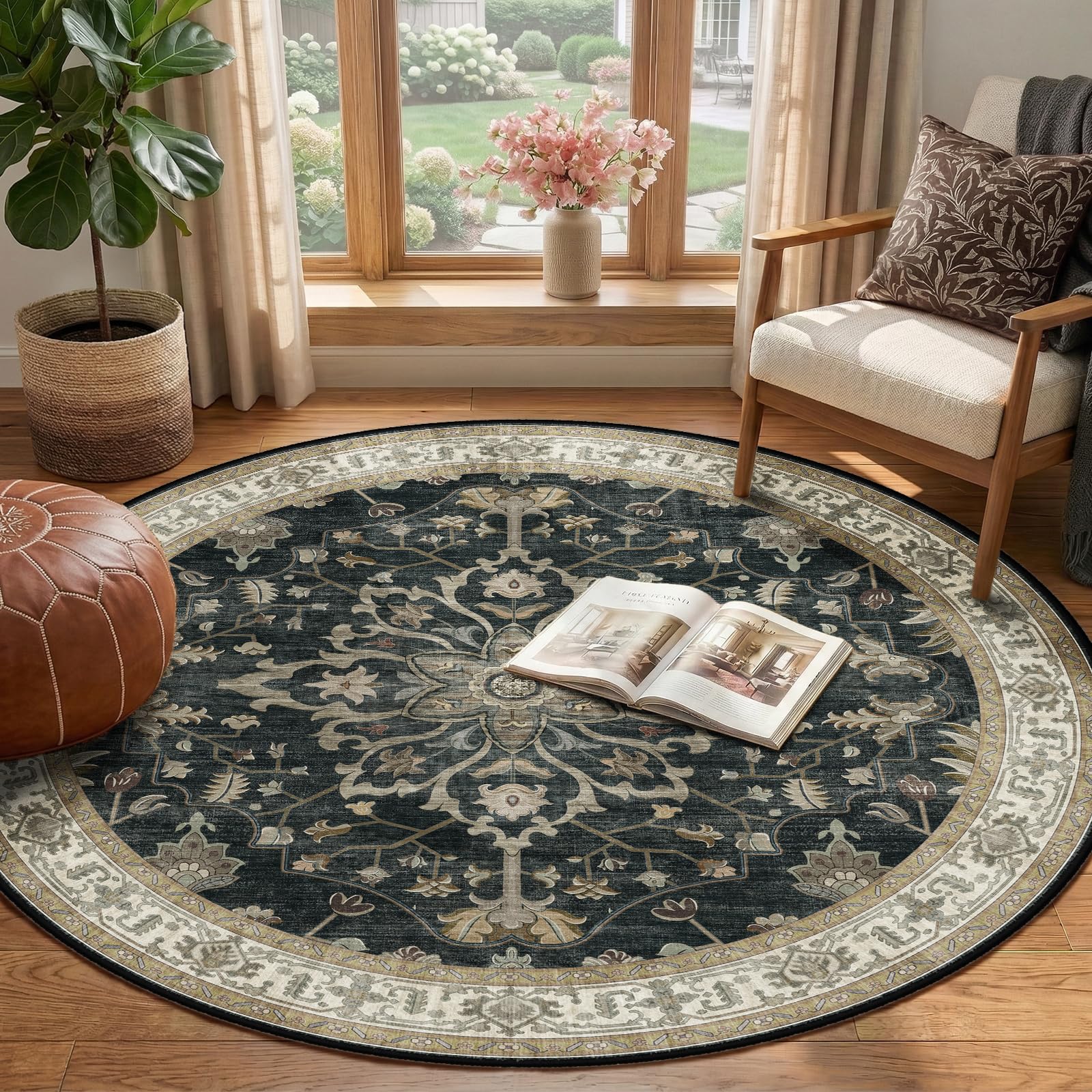 RELEANY Washable Area Rug, Round 4ft, Black/Vintage/Beige