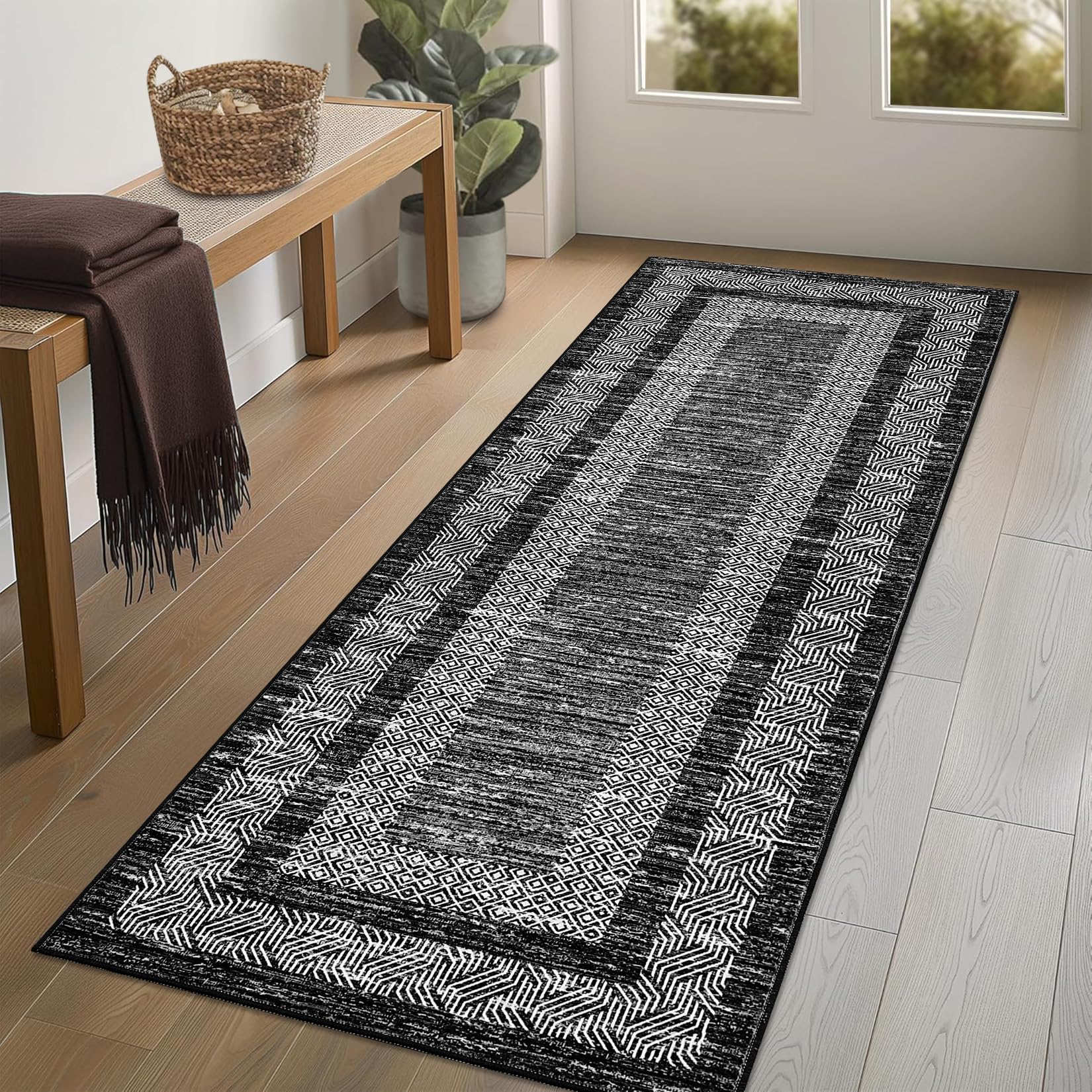 GarveeHome 2x6 Modern Bordered Runner Rug Soft Non Slip Washable Floor Carpet