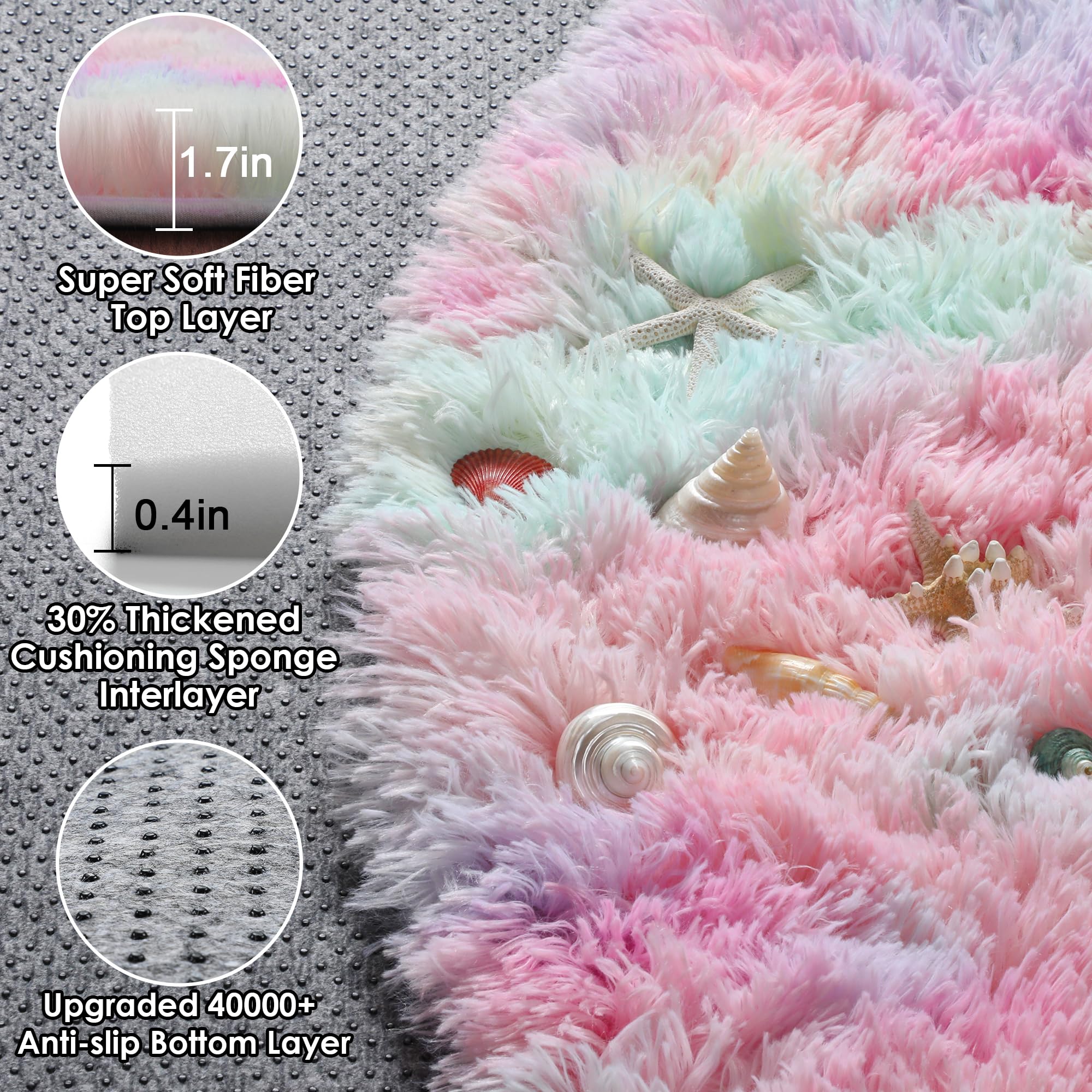 ONASAR Rainbow Round Area Rug 4ft, Soft Bedroom Circle Rugs Mats for Kids Girls Teen Room, Kawaii Fluffy Plush Shaggy Carpet for Baby Nursery Living Room Playroom Home Decor Princess Castle
