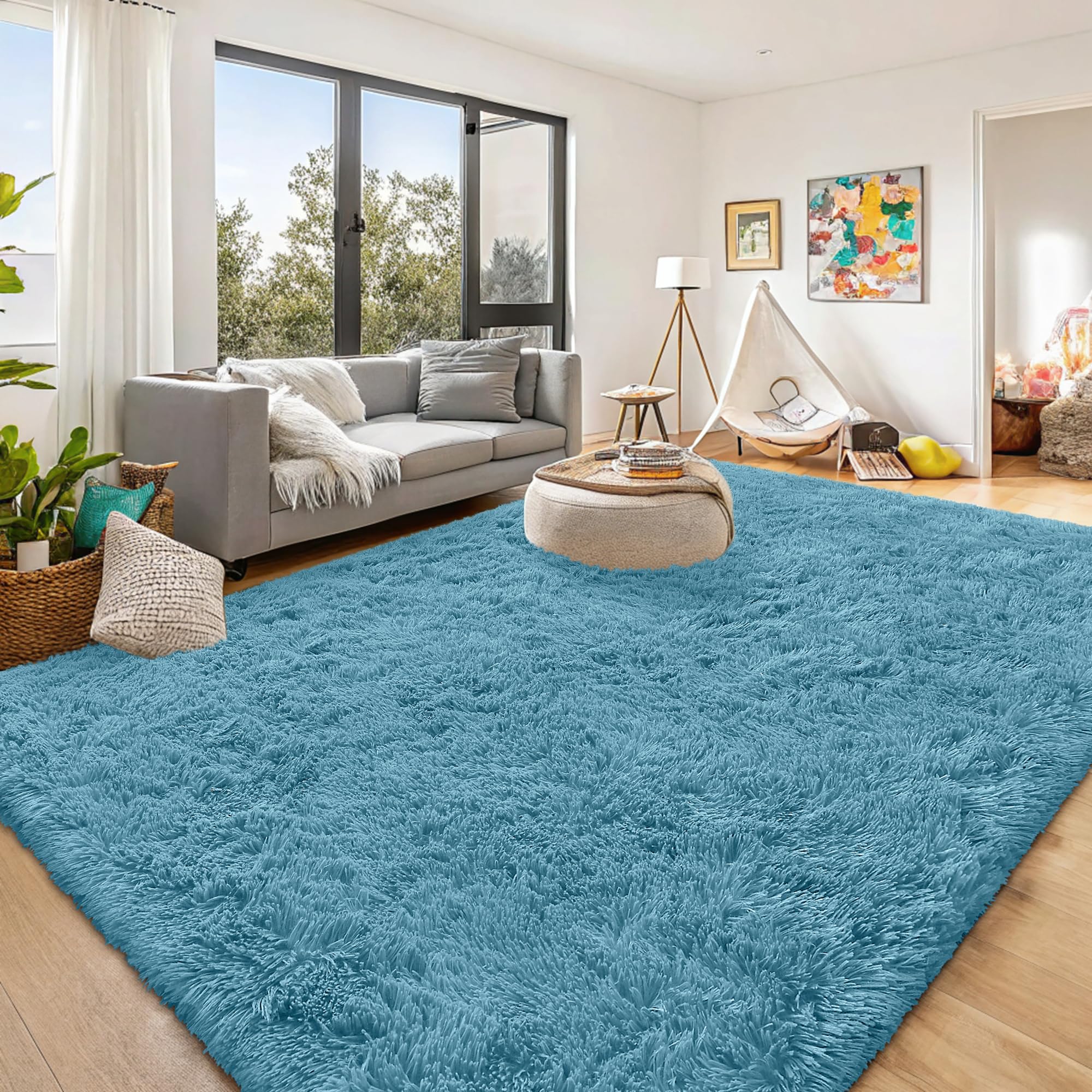 OLANLY 8x10 Machine Washable Large Area Rugs for Living Room, Bedroom, Soft Fluffy Shaggy Bedside Rug, Indoor Floor Carpet for Kids Girls and Boys, Dorms, Nursery, Home Decor Aesthetic, Slate Blue