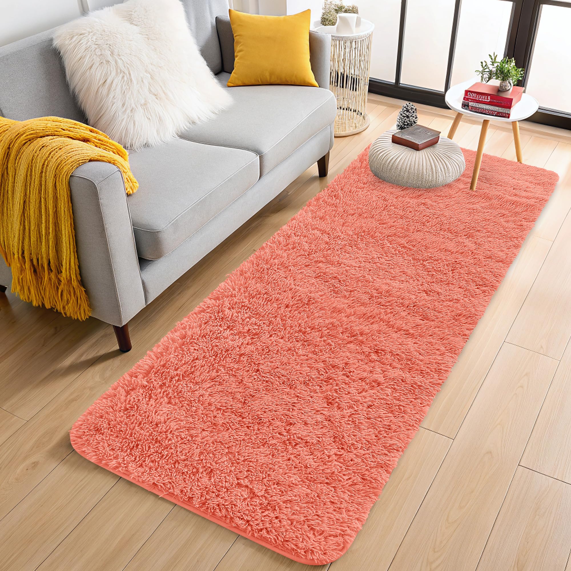 OLANLY 2x6 Machine Washable Runner Rugs for Hallway, Soft Fluffy Shaggy Bedside Rugs for Bedroom, Living Room, Indoor Floor Carpet for Kids Girls and Boys, Home Decor Aesthetic, Coral Red