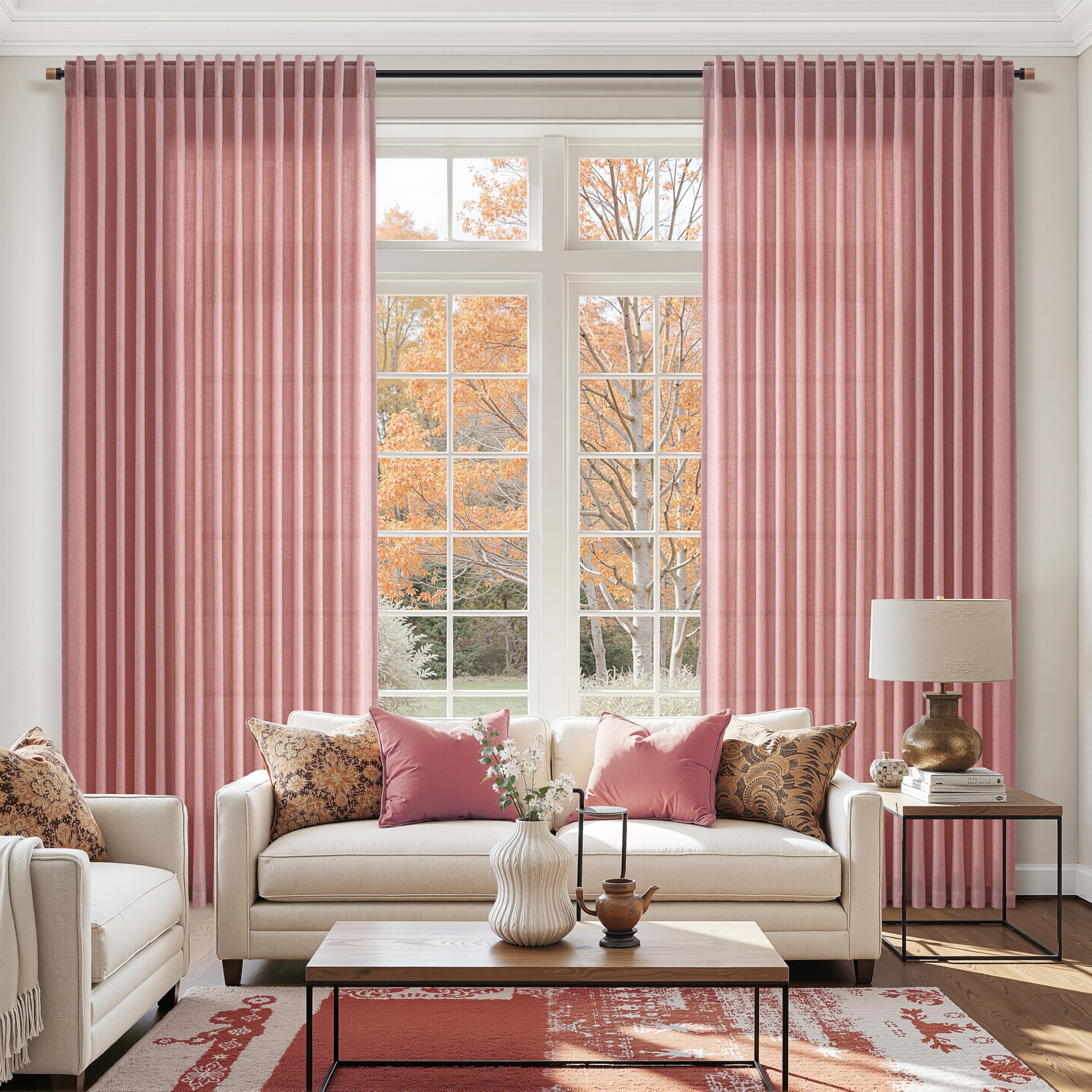 Canyon Rose Linen 112 Inch Curtains for Living Room Light Filtering Semi Sheer Curtain Back Tab Modern Farmhouse Decor Elegant Girl Drapes Floor to Ceiling High Window for Bedroom 52x112, 2 Panels