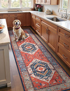 SERISSA Runner Rug for Hallways, 3x8 Washable Non Slip Kitchen Runner Rug, Long Boho Rug Vintage Rust Hallway Stair Ultra Soft Print Floor Carpet for Bedroom Bathroom Laundry Room