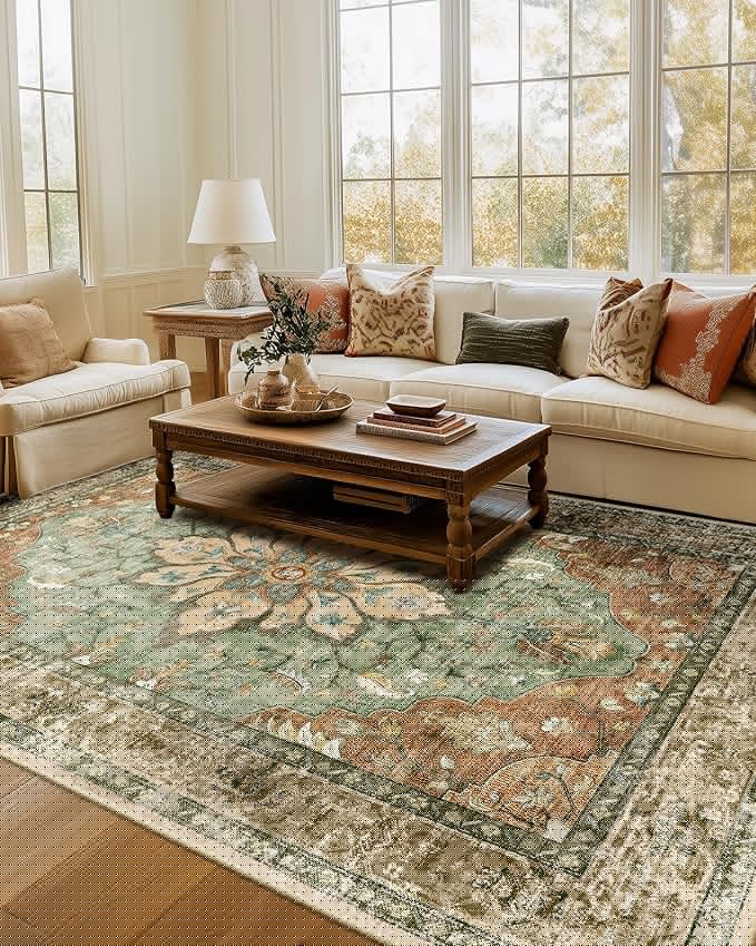RELEANY Washable Area Rug, 7'x9', Brick/Brown/Green