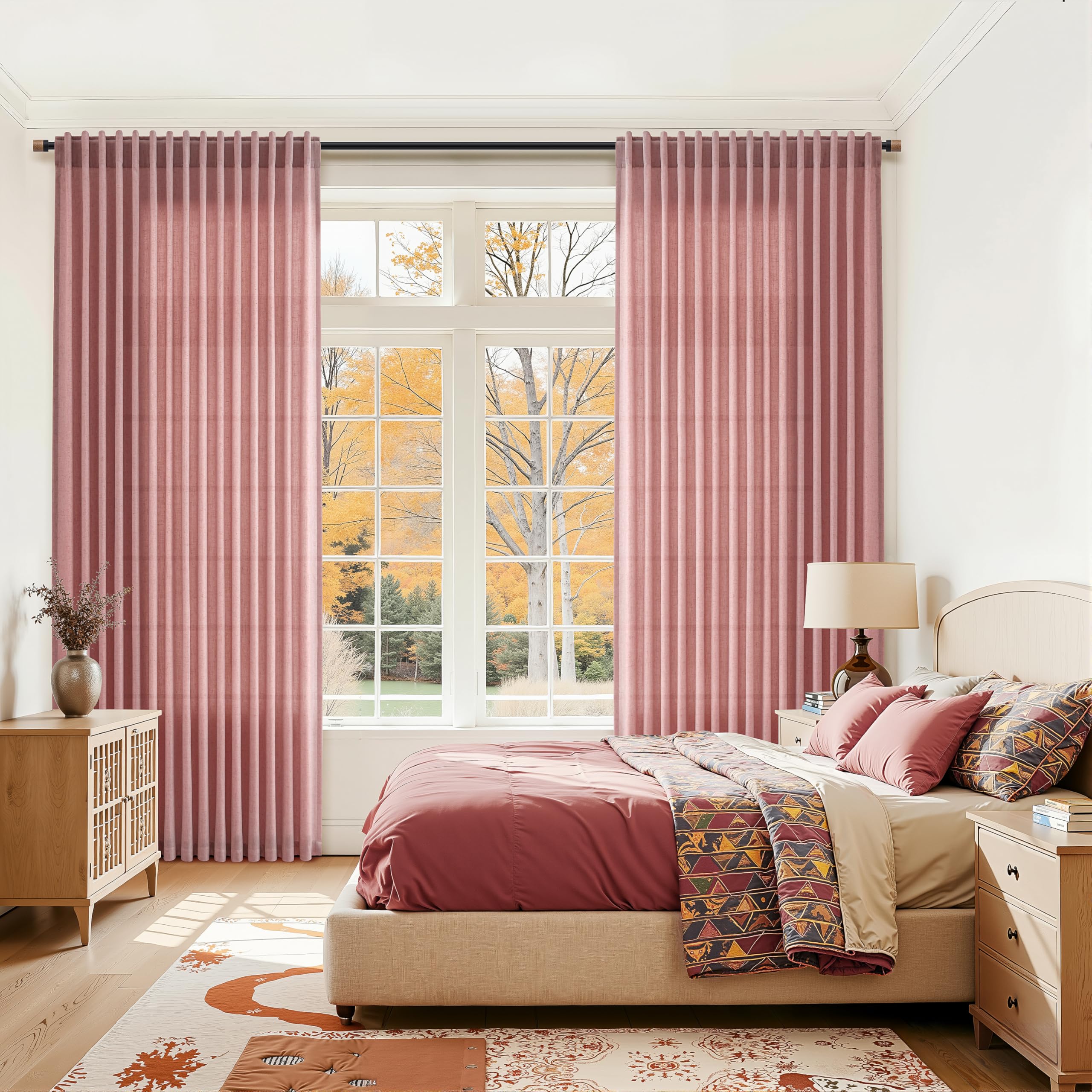 Canyon Rose Linen 144 Inch Curtains for Living Room Light Filtering Semi Sheer Curtain Back Tab Modern Farmhouse Decor Elegant Girl Drapes Floor to Ceiling High Window for Bedroom 52x144, 2 Panels