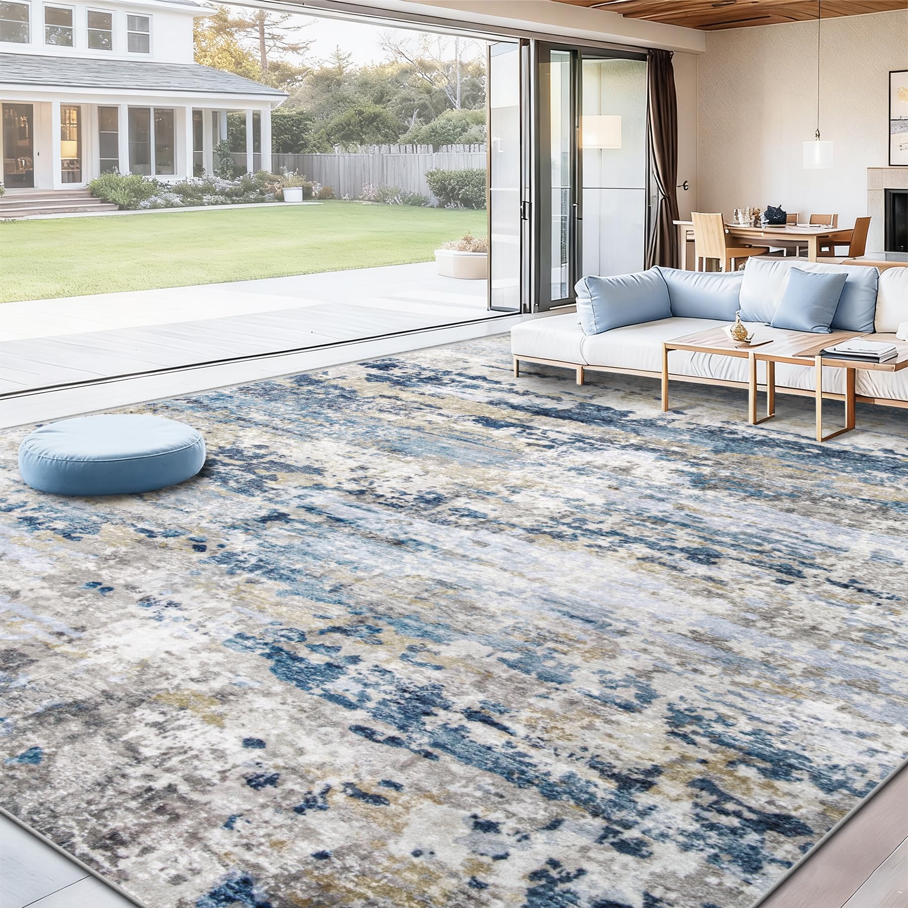 pmtsns Area Rugs 10x14 Living Room: Washable Rug Modern Abstract Neutral Soft Non-Slip Low-Pile Indoor Large Carpet for Bedroom Dining Room Playroom Home Office (Blue Grey Brown, 10'x14')